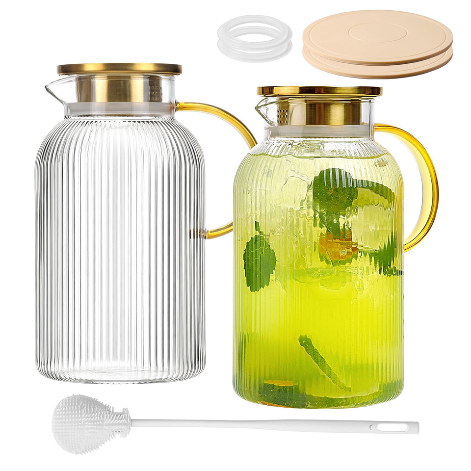Moretoes 2-pack glass pitcher with handle and lid for easy cold beverages.
