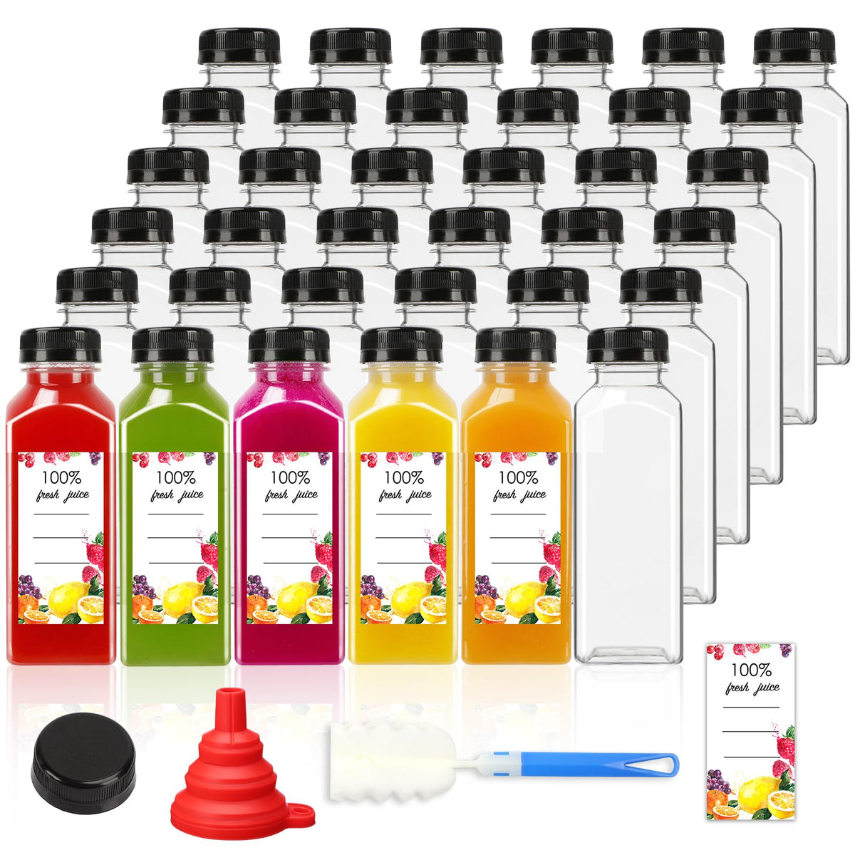 Moretoes 40pc 12oz bottles with caps for juices and milks.