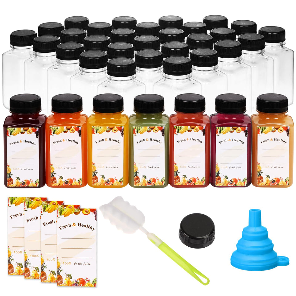Moretoes 8oz juice bottle close-up with cap showing leak-proof seal.