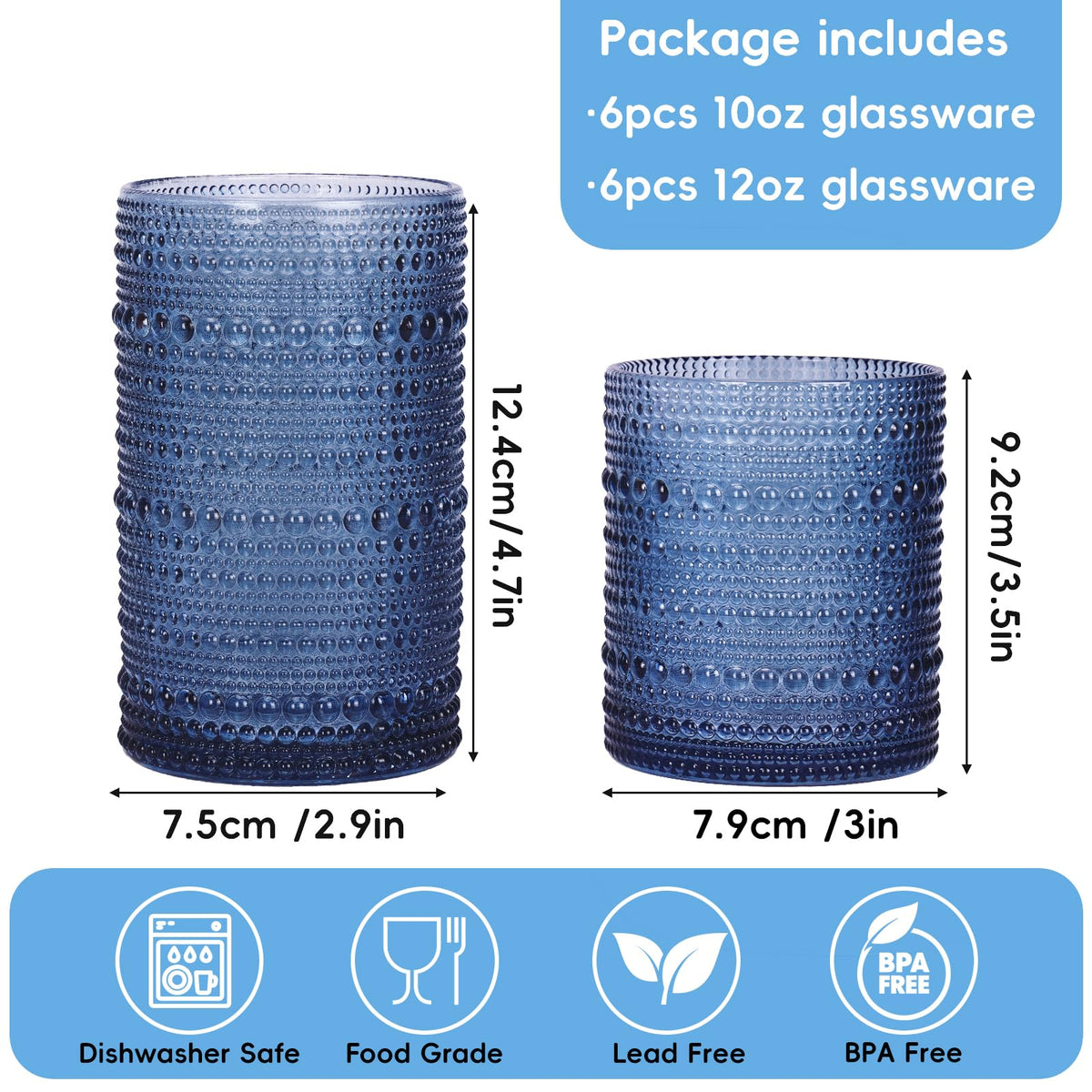 Moretoes blue hobnail glass texture closeup highlights embossed pattern.