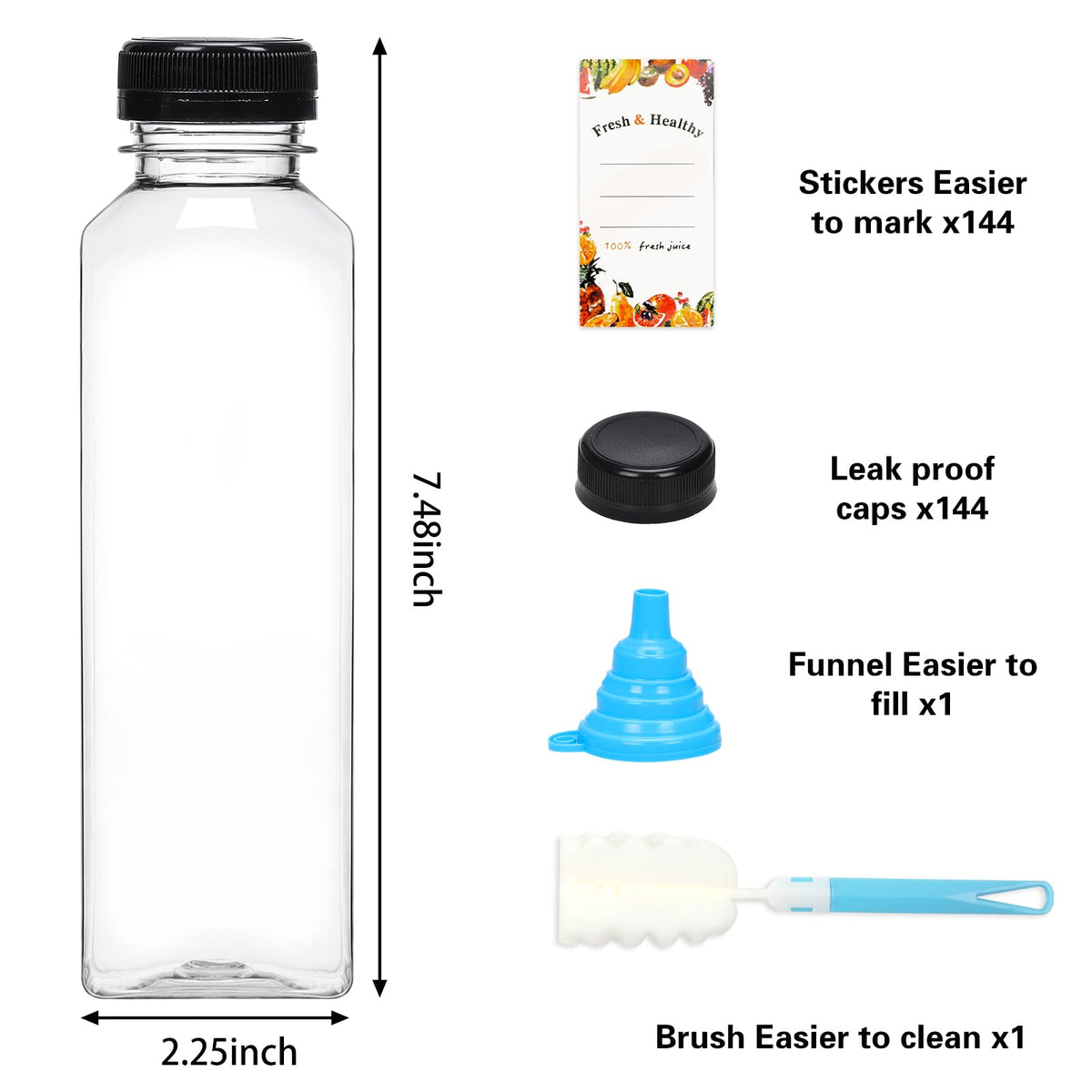 Moretoes clear 16oz bottles showcase vibrant beverages.