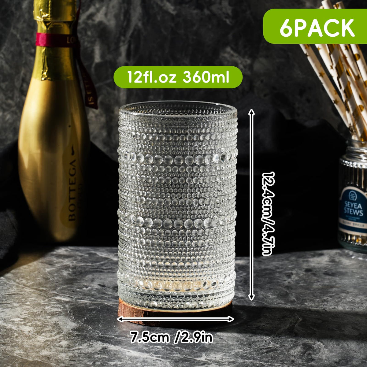 Moretoes clear embossed highball glass showcases 12-ounce capacity and timeless design.