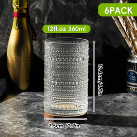 Moretoes clear embossed highball glass showcases 12-ounce capacity and timeless design.