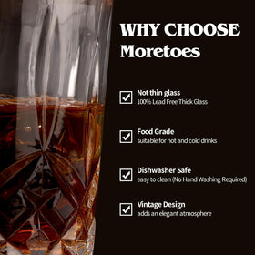 Moretoes crystal glassware emphasizing durability and dishwasher-safe design.