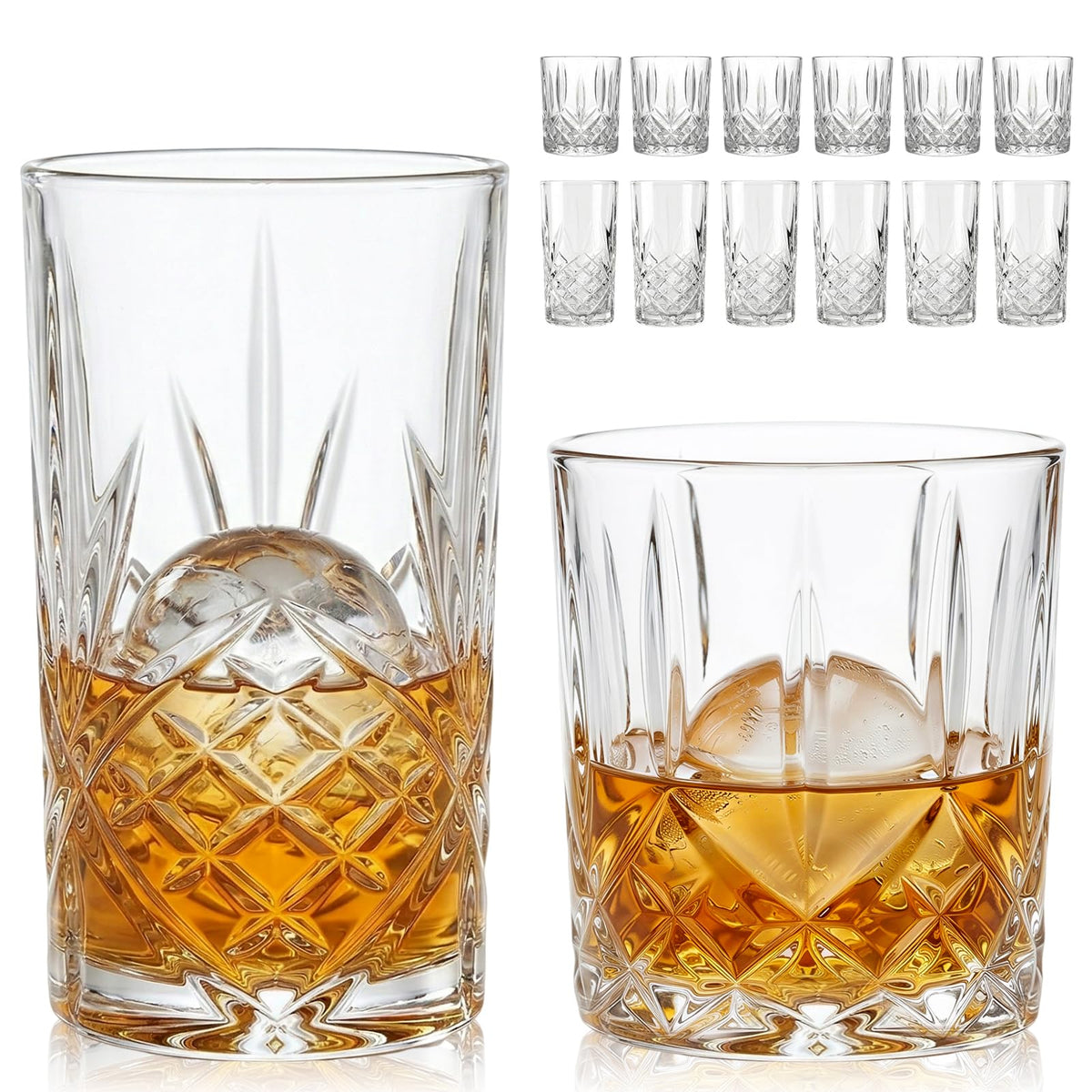 Moretoes crystal whiskey glasses with old-fashioned 11oz, for neat bourbons and cocktails.