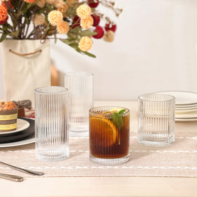 Moretoes elegant ribbed glassware enhances kitchen and bar presentation
