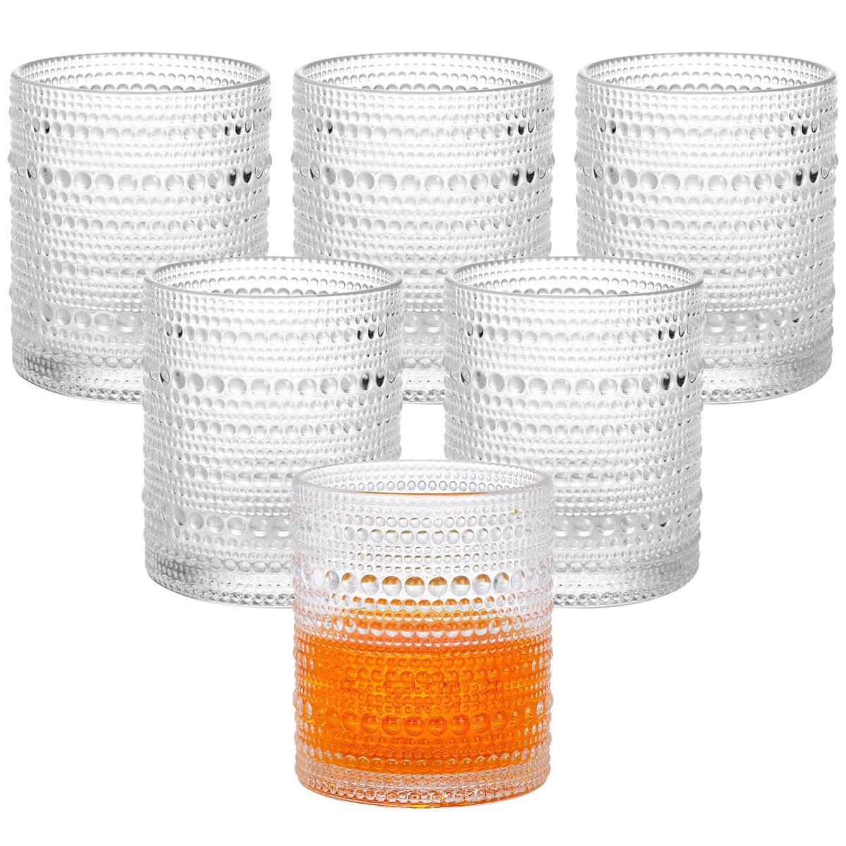 Moretoes hobnail 10oz glass set; durable, elegant Old Fashioned glasses for home bars.