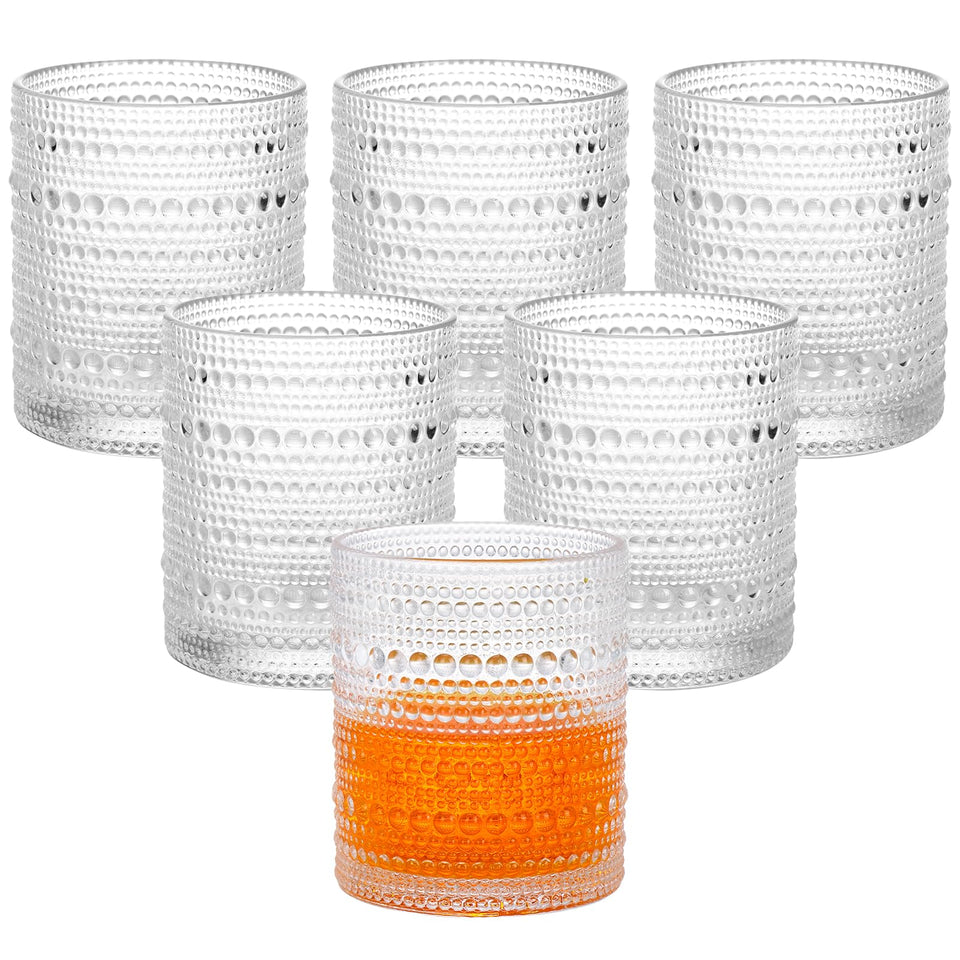Moretoes hobnail 10oz glass set; durable, elegant Old Fashioned glasses for home bars.