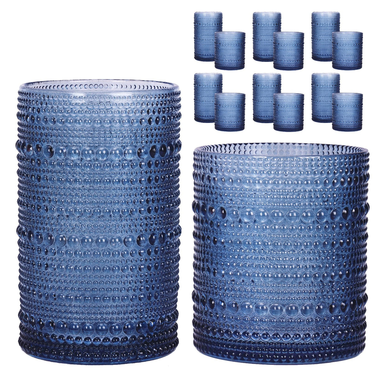 Moretoes hobnail blue highball 12oz glass showcases retro charm and comfortable grip.