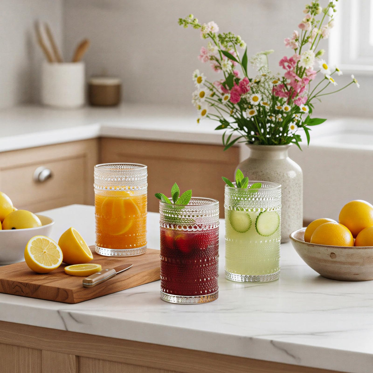 Moretoes hobnail glasses dishwasher safe and easy to clean.