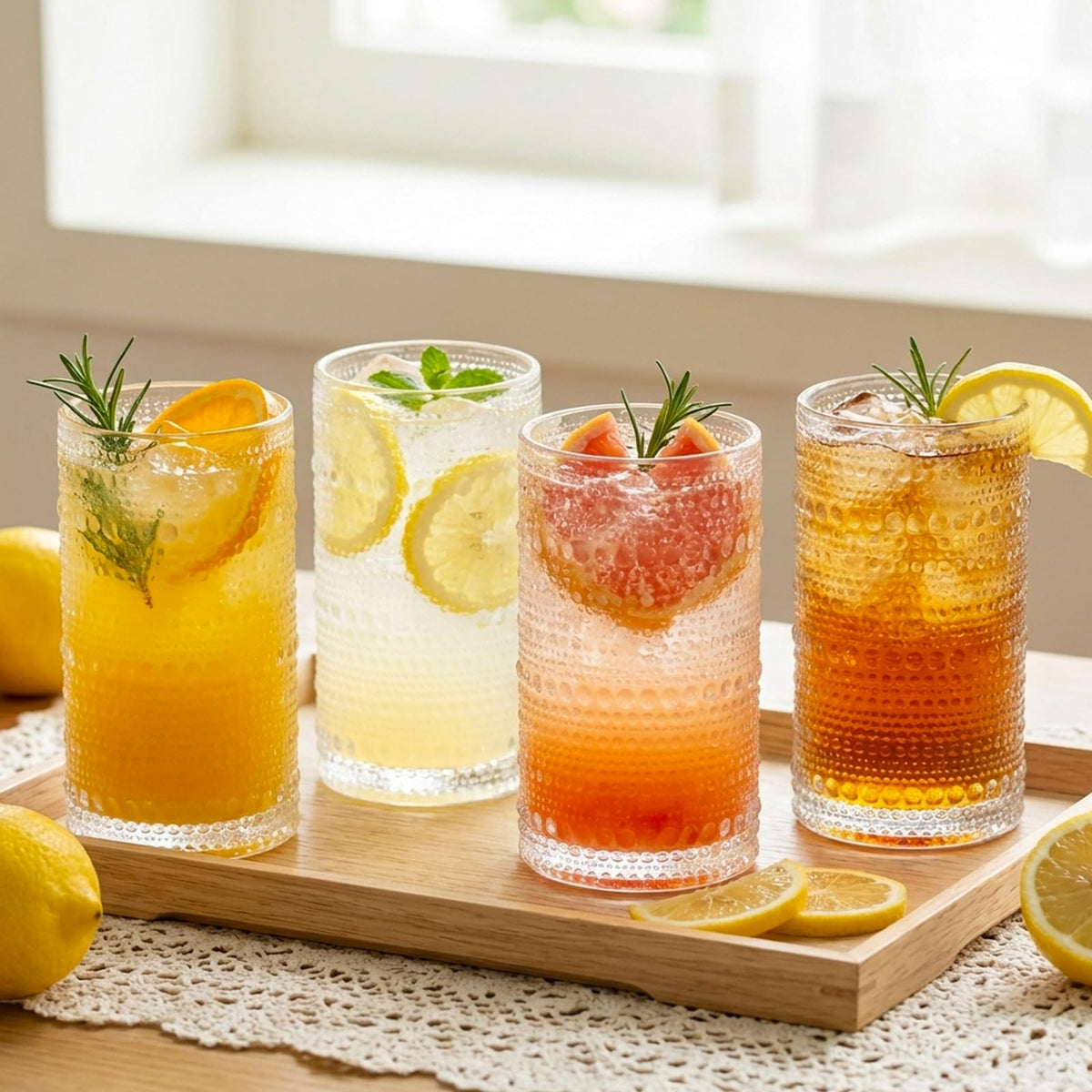 Moretoes hobnail glasses shown with iced tea, juice, and water.