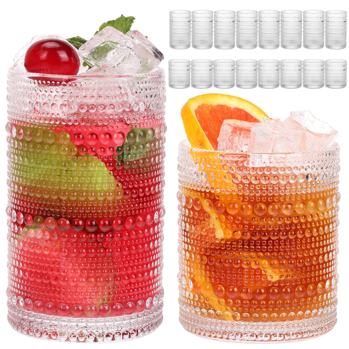 Moretoes hobnail highball 12oz glass with embossed texture for secure grip.