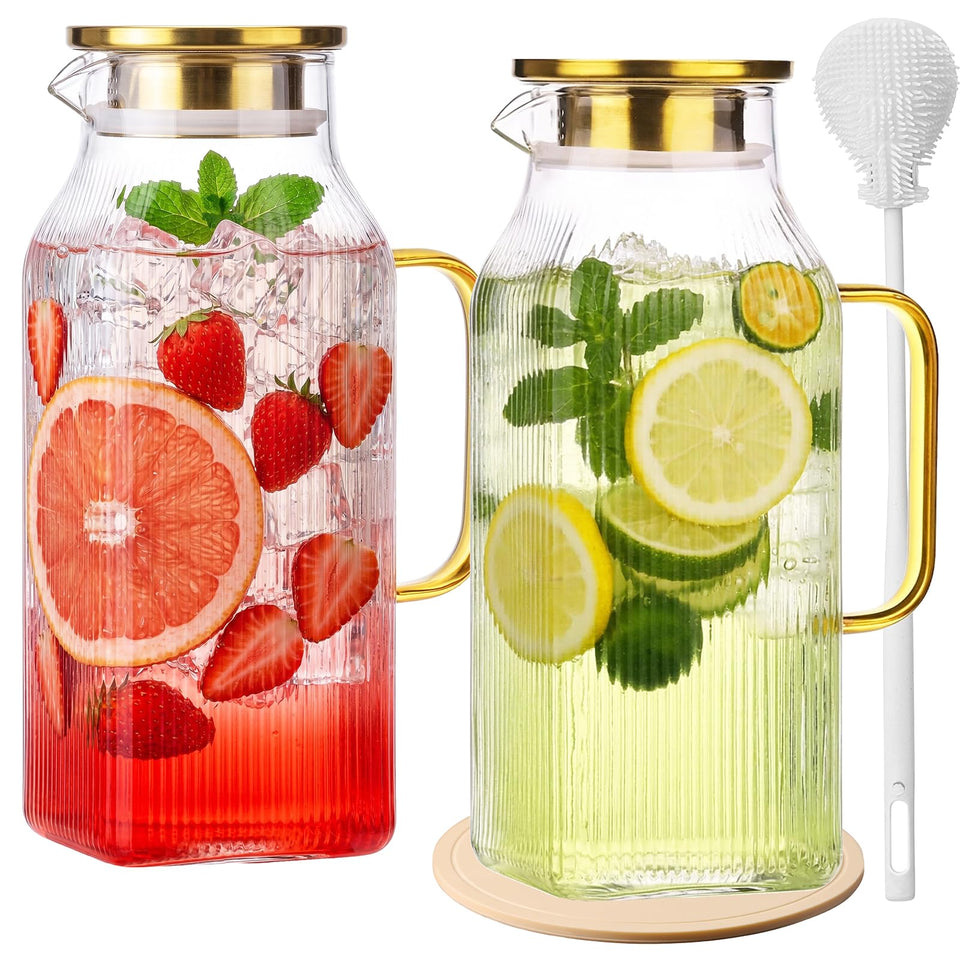 Moretoes square glass pitcher 2L pack demonstrates space-saving fridge storage
