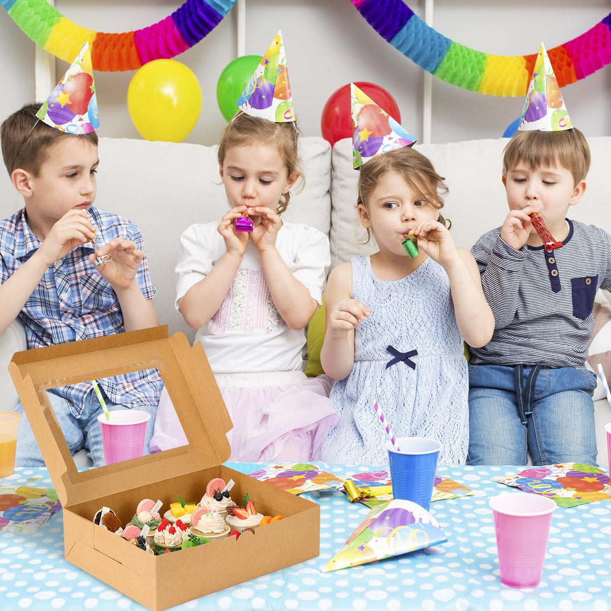 Moretoes sturdy Kraft cardboard with PVC window protects delicate desserts.