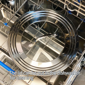 Morikavo universal lid withstands up to 425°F for high-heat cooking.
