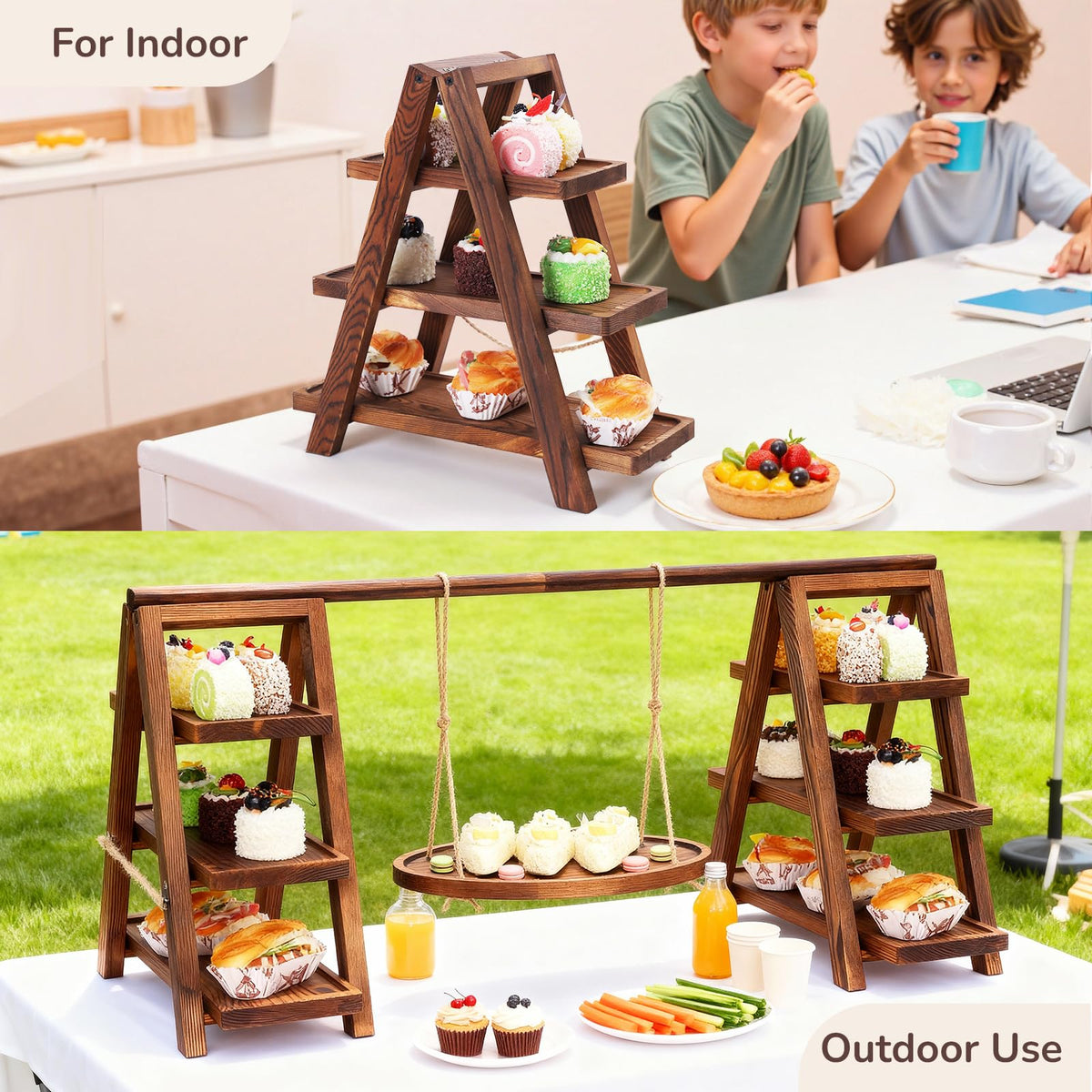 MORITECK wedding dessert table centerpiece with rustic pine finish.