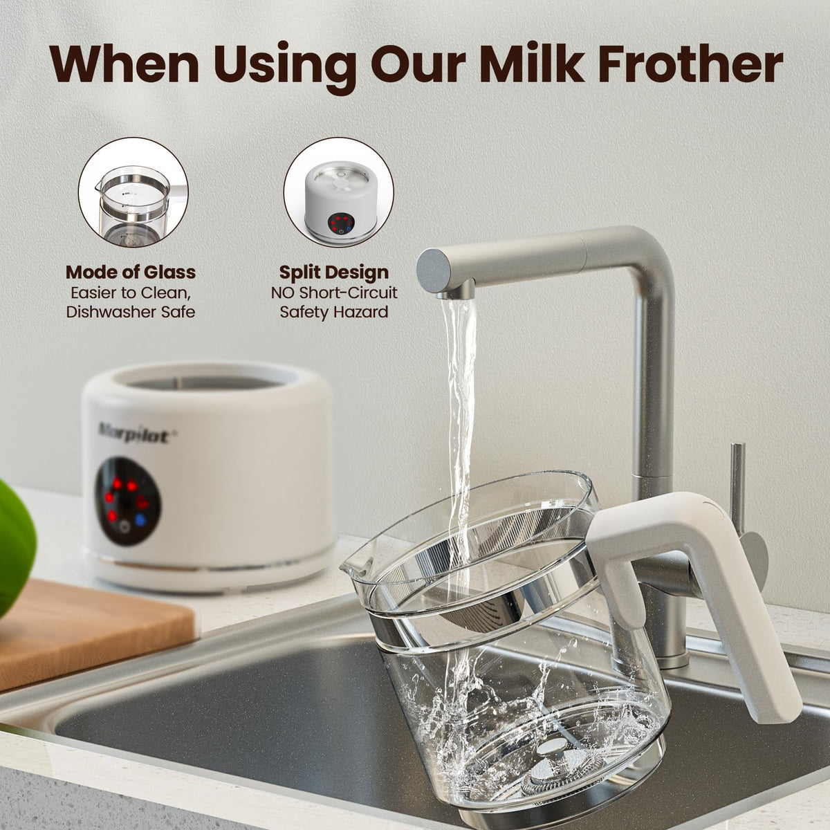 Morpilot frother with heat‑resistant handle stays cool to touch