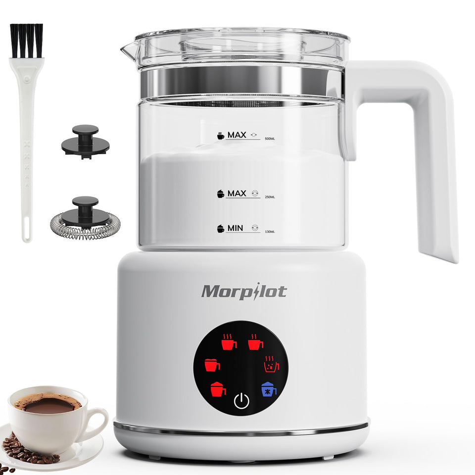 Morpilot large electric milk frother with glass cup for easy milk froth monitoring