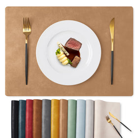 MOSAYT camel placemat closeup texture showing faux leather grip and style for scratch protection.