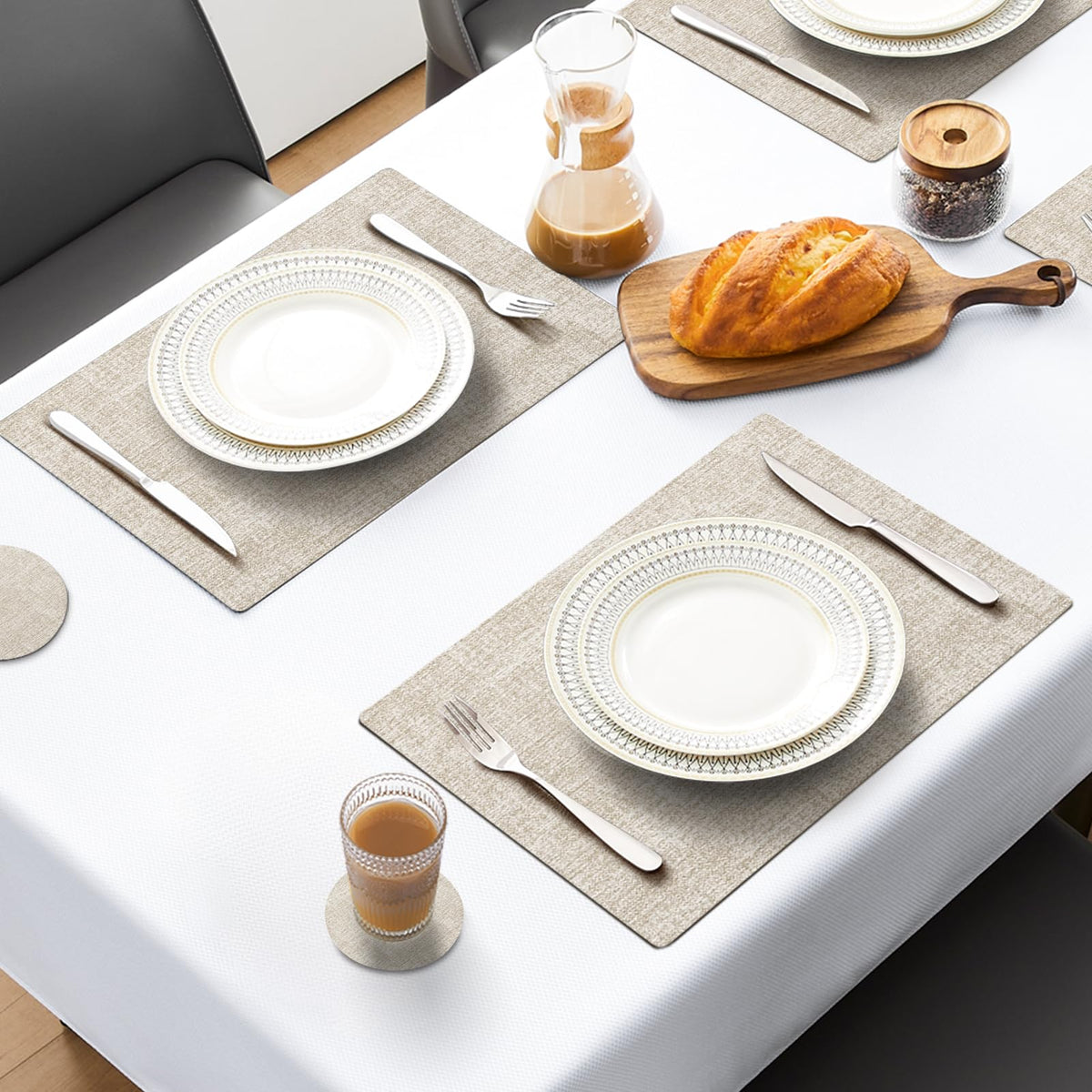 MOSAYT heat-resistant placemats beige withstand hot dishes on any table.