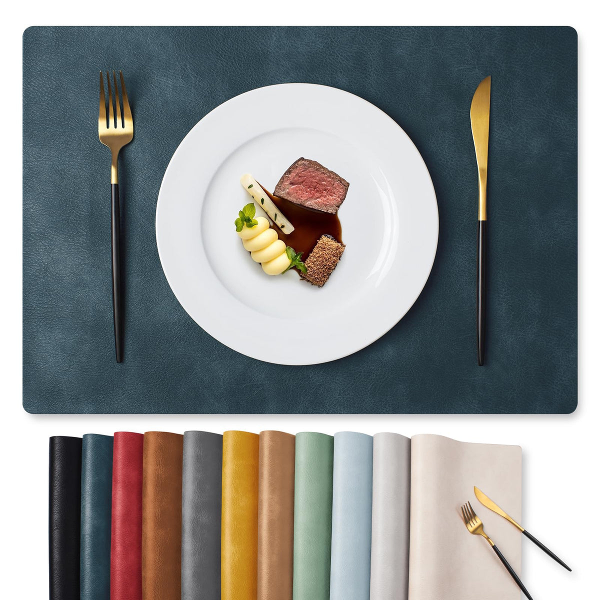 MOSAYT vinyl placemats navy blue full set on dining table protecting surfaces.