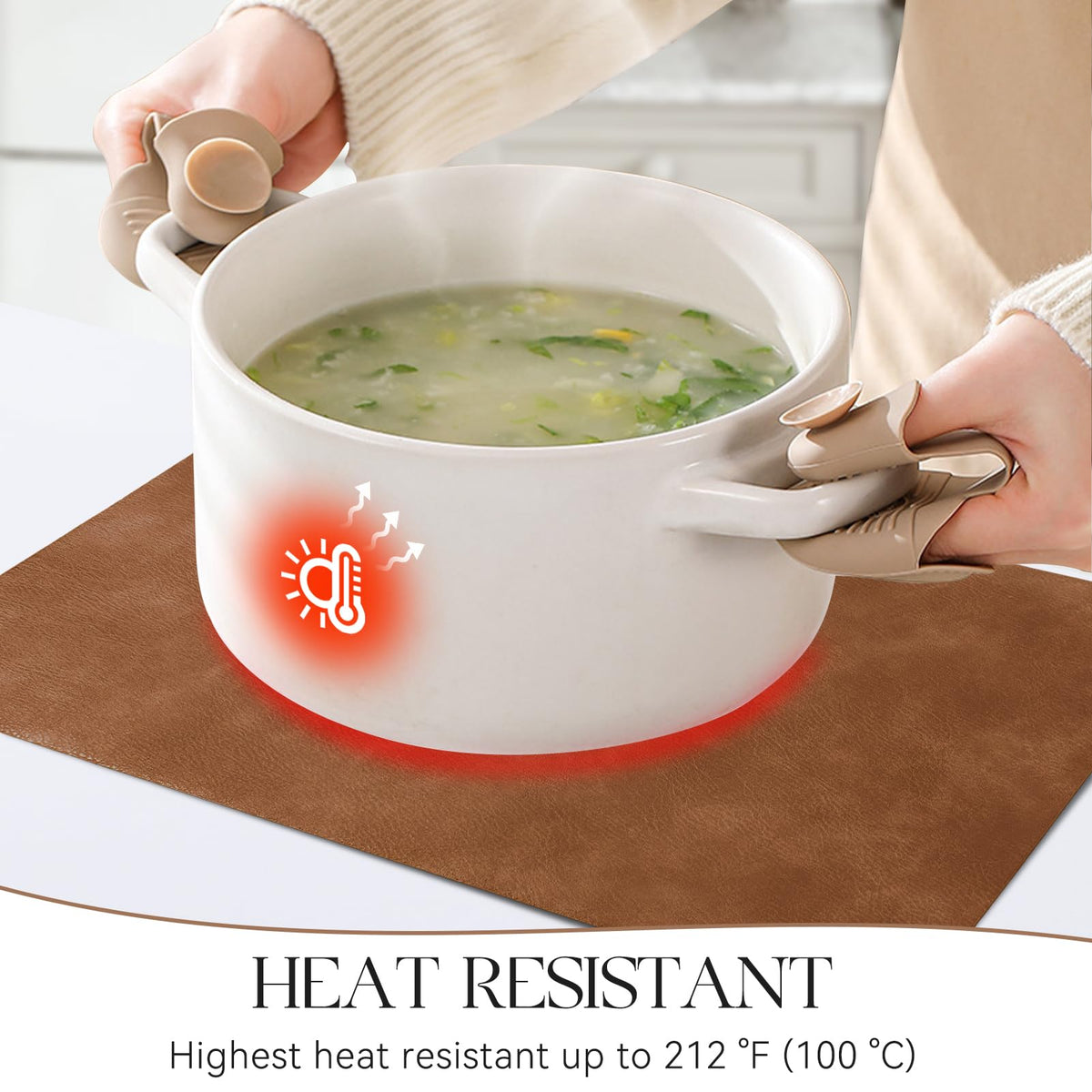 MOSAYT placemats demonstrate heat resistance up to 212F.