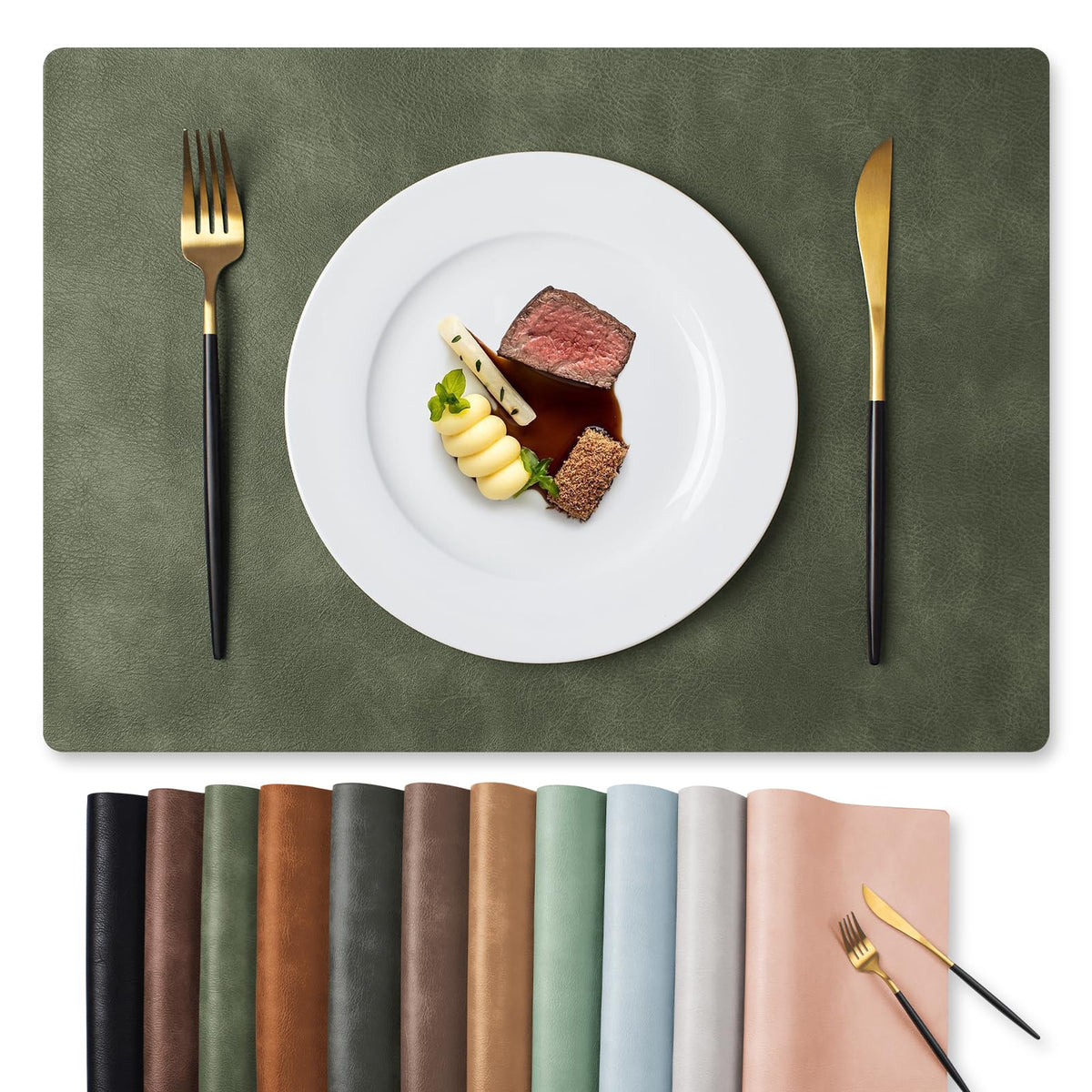MOSAYT vinyl placemats set of six in olive green protect surfaces during meals.
