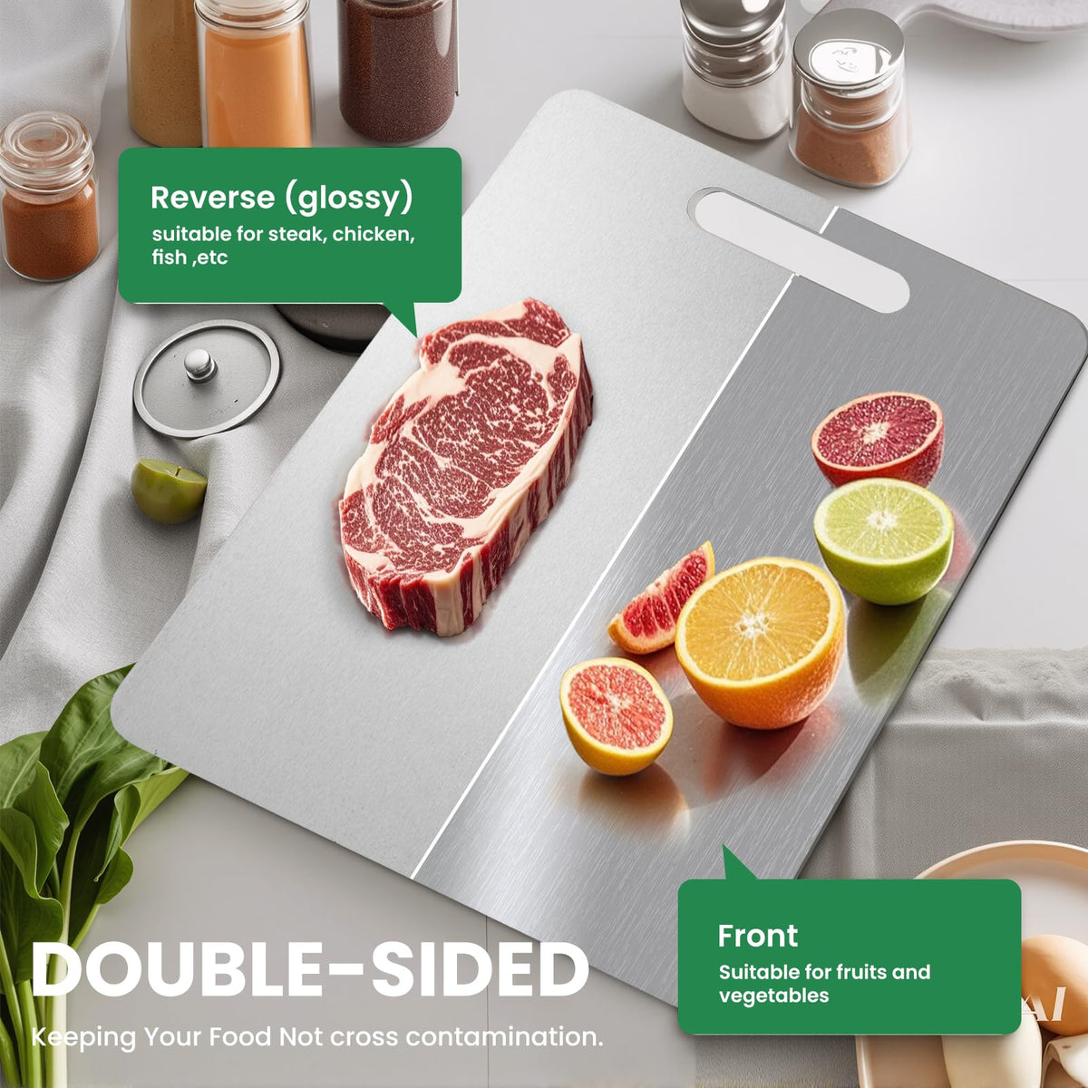 MOSDOOK double-sided titanium board in action, separating meat and vegetables.