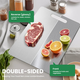 MOSDOOK double-sided titanium board in action, separating meat and vegetables.