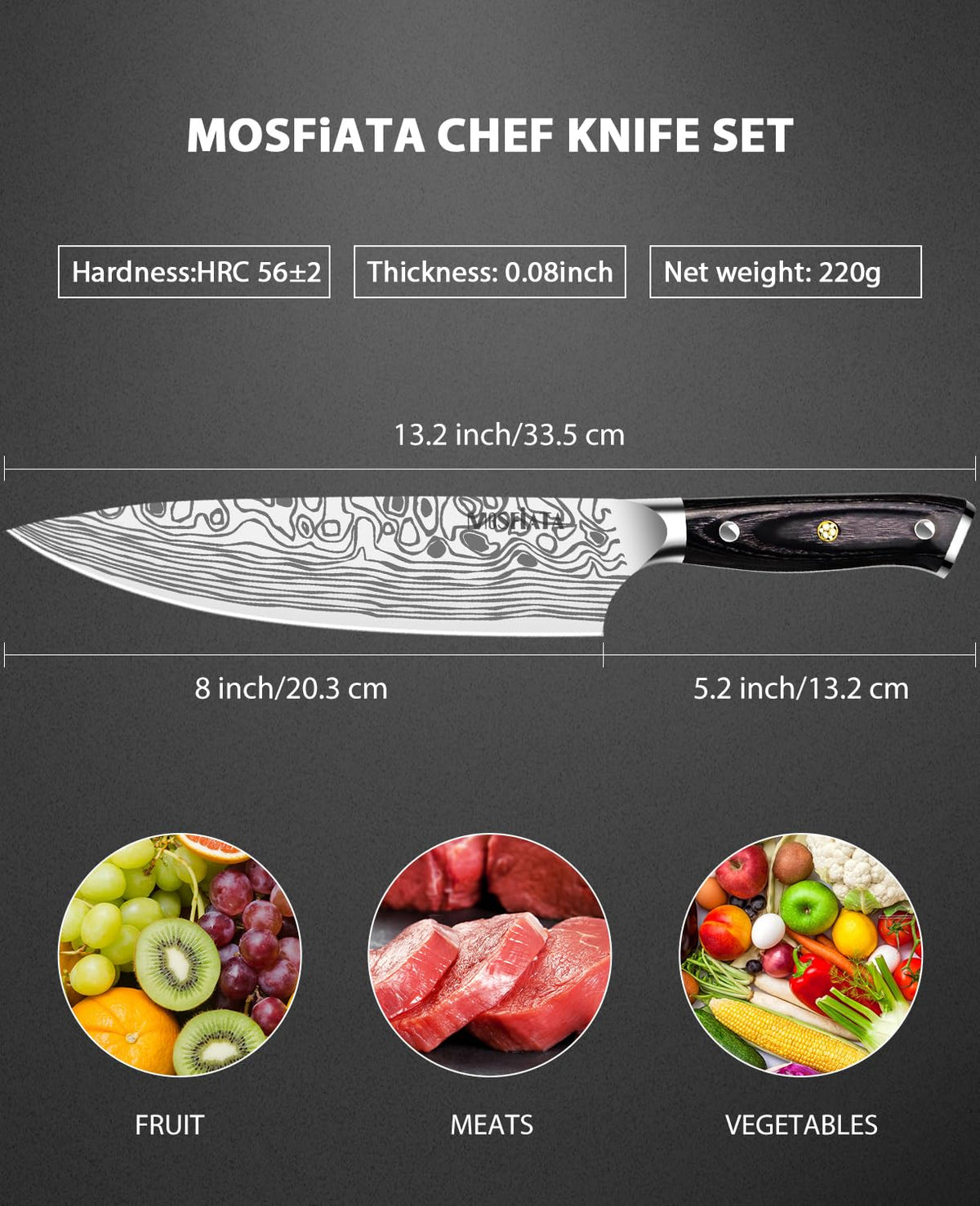 MOSFiATA 8in chef knife 16-degree edge for razor-sharp kitchen prep.