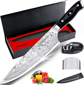MOSFiATA 8in chef knife blade close-up highlighting sharp edge for precise slicing.