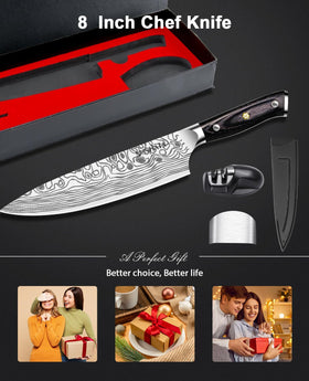 MOSFiATA 8in chef knife in action for vegetables and meats during meal prep.