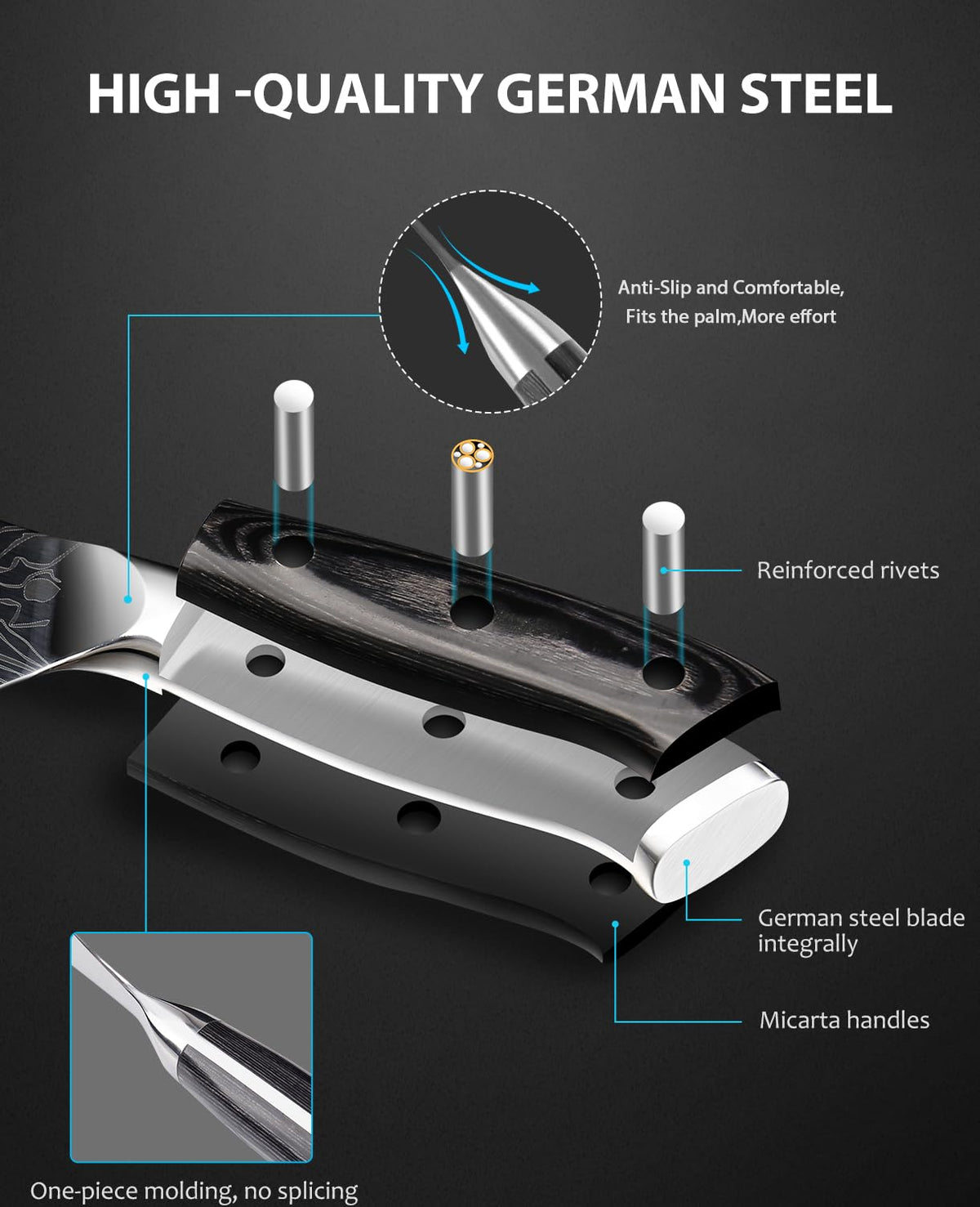MOSFiATA 8in chef knife laser pattern on blade adds decoration and anti-sticking.