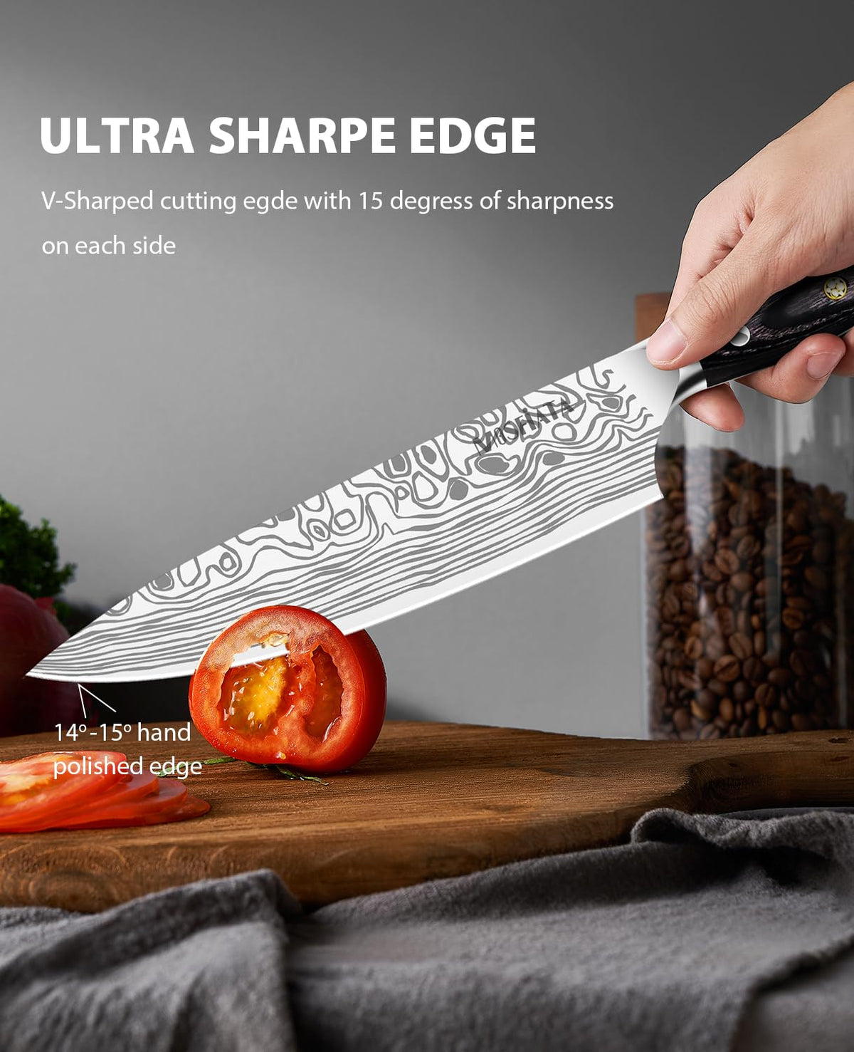 MOSFiATA 8in chef knife micarta handle detail for comfortable grip and durability.