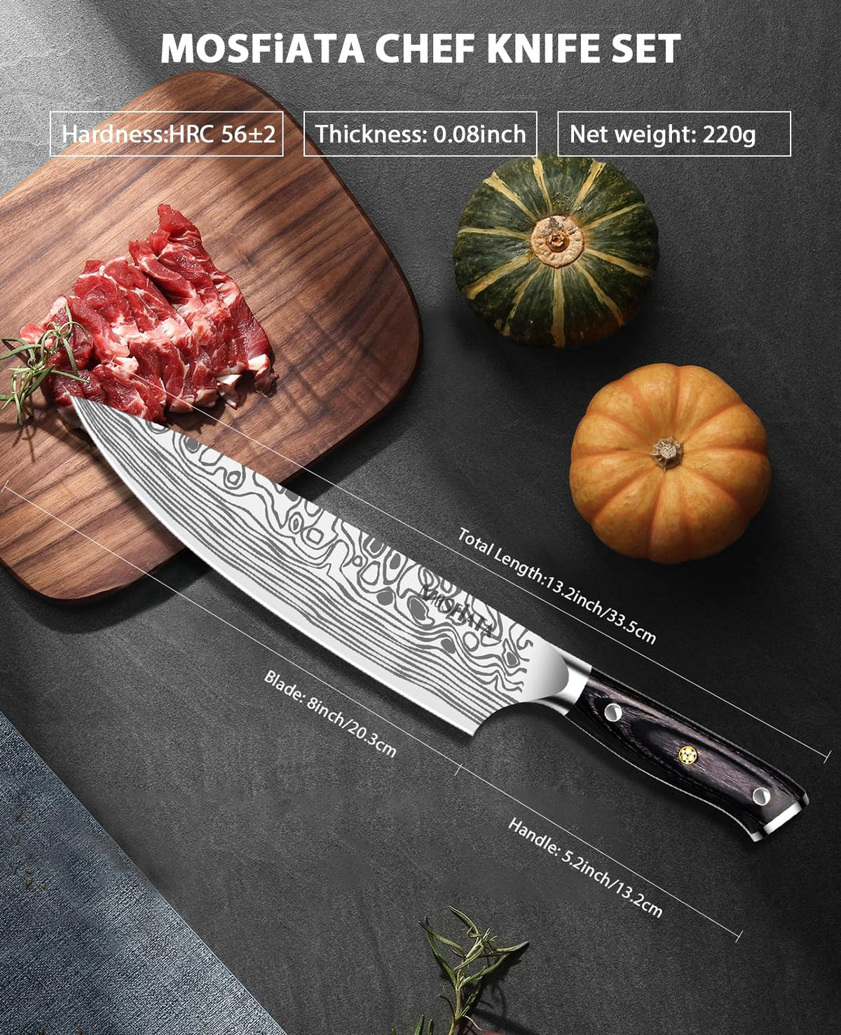 MOSFiATA 8in chef knife with built-in sharpener offers convenient maintenance.
