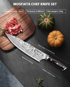 MOSFiATA 8in chef knife with built-in sharpener offers convenient maintenance.