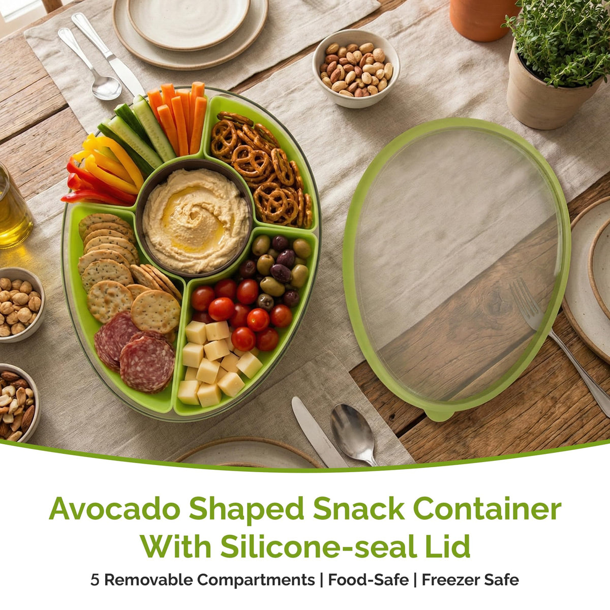 MosJos avocado tray with five compartments keeping items separate