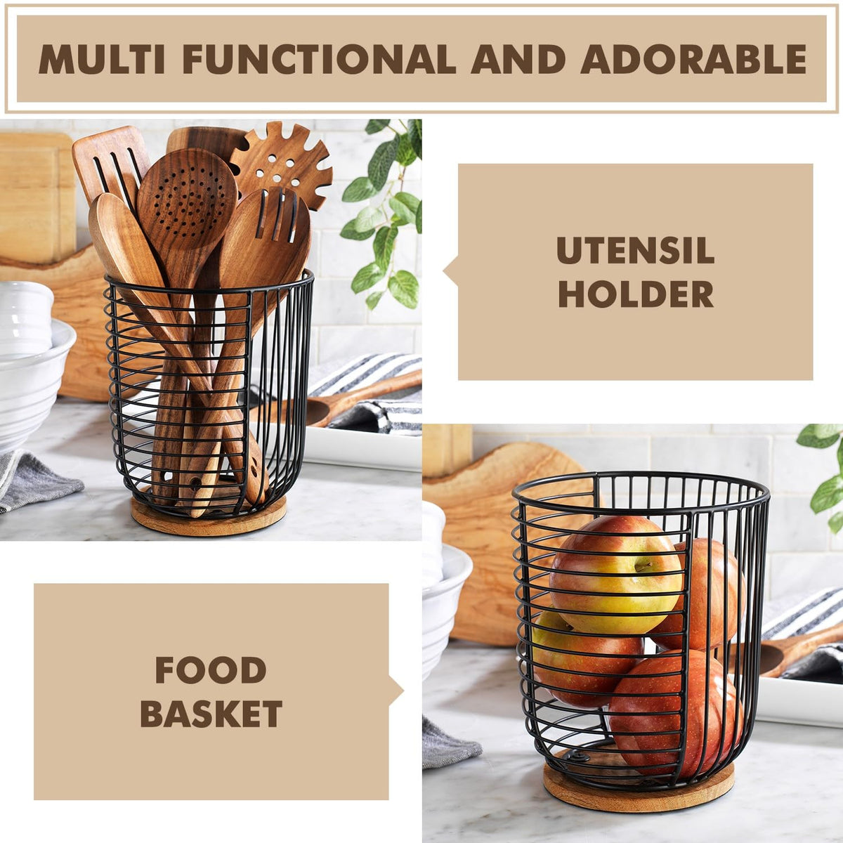 MosJos pod holder blends modern black wire with warm wooden base.