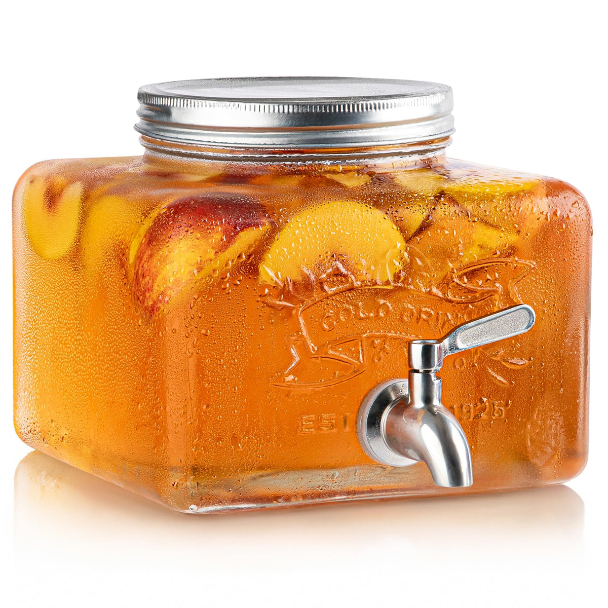 MosJos glass drink dispenser with stainless steel spigot for spill-free pouring.