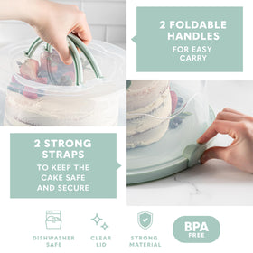MosJos green cake stand with foldable handles, ideal for easy serving at parties.