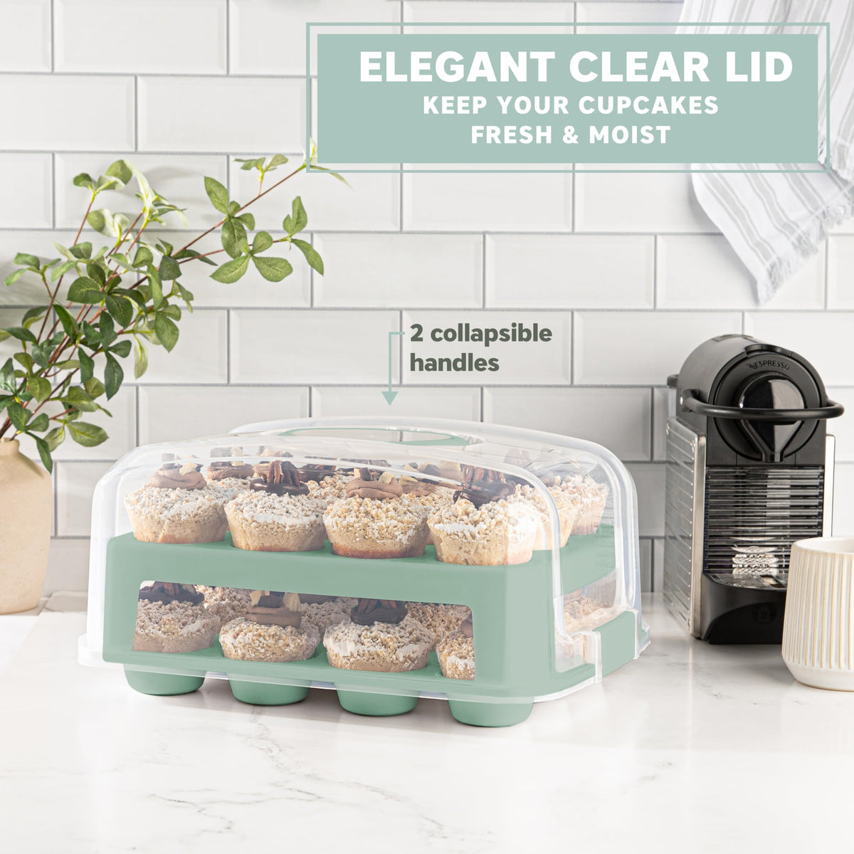 MosJos green cupcake carrier doubles as an elegant cake stand for displays.