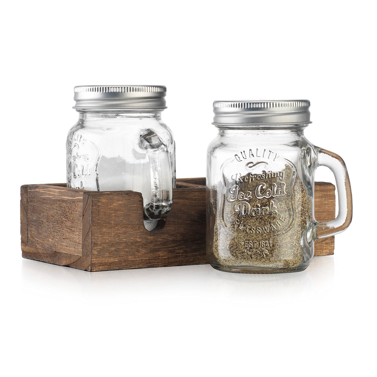 MosJos mason jar salt and pepper shakers on rustic counter, ideal for everyday seasoning.
