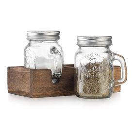 MosJos mason jar salt and pepper shakers on rustic counter, ideal for everyday seasoning.
