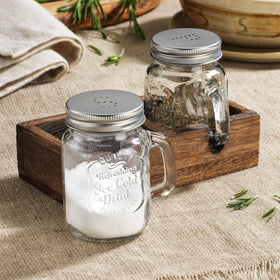 MosJos vintage glass dispensers holder adds farmhouse charm on wooden tray.
