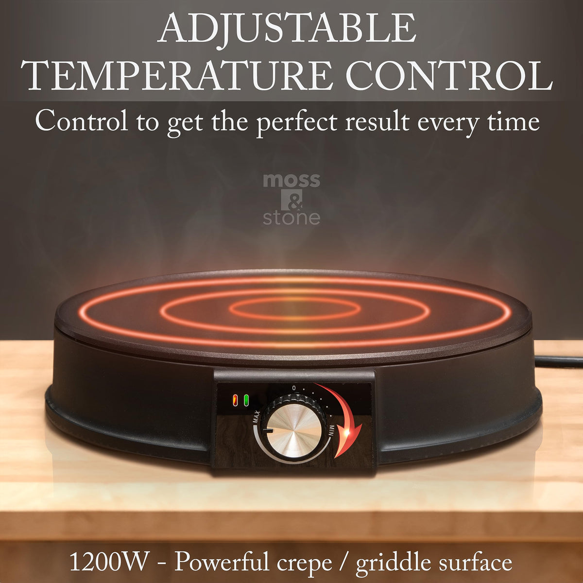 Moss & Stone crepe maker nonstick surface enables easy flipping and quick cleaning.