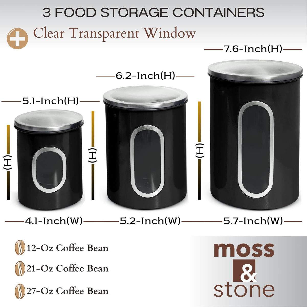 Moss & Stone airtight lids seal freshness, great for coffee, tea, and sugar.