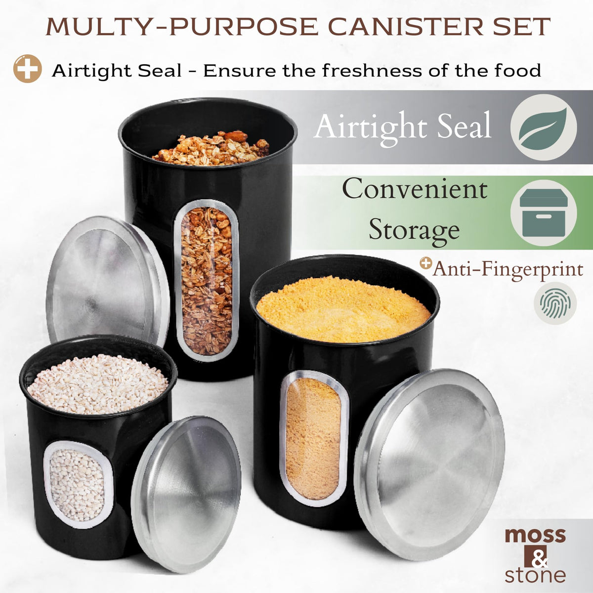 Moss & Stone large canister ideal for beans or flour with clear visibility.