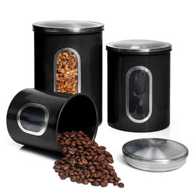 Moss & Stone 3-piece black canisters with front window for quick content checks.