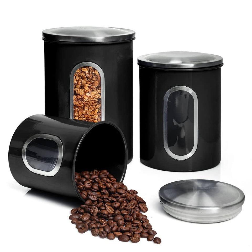 Moss & Stone 3-piece black canisters with front window for quick content checks.
