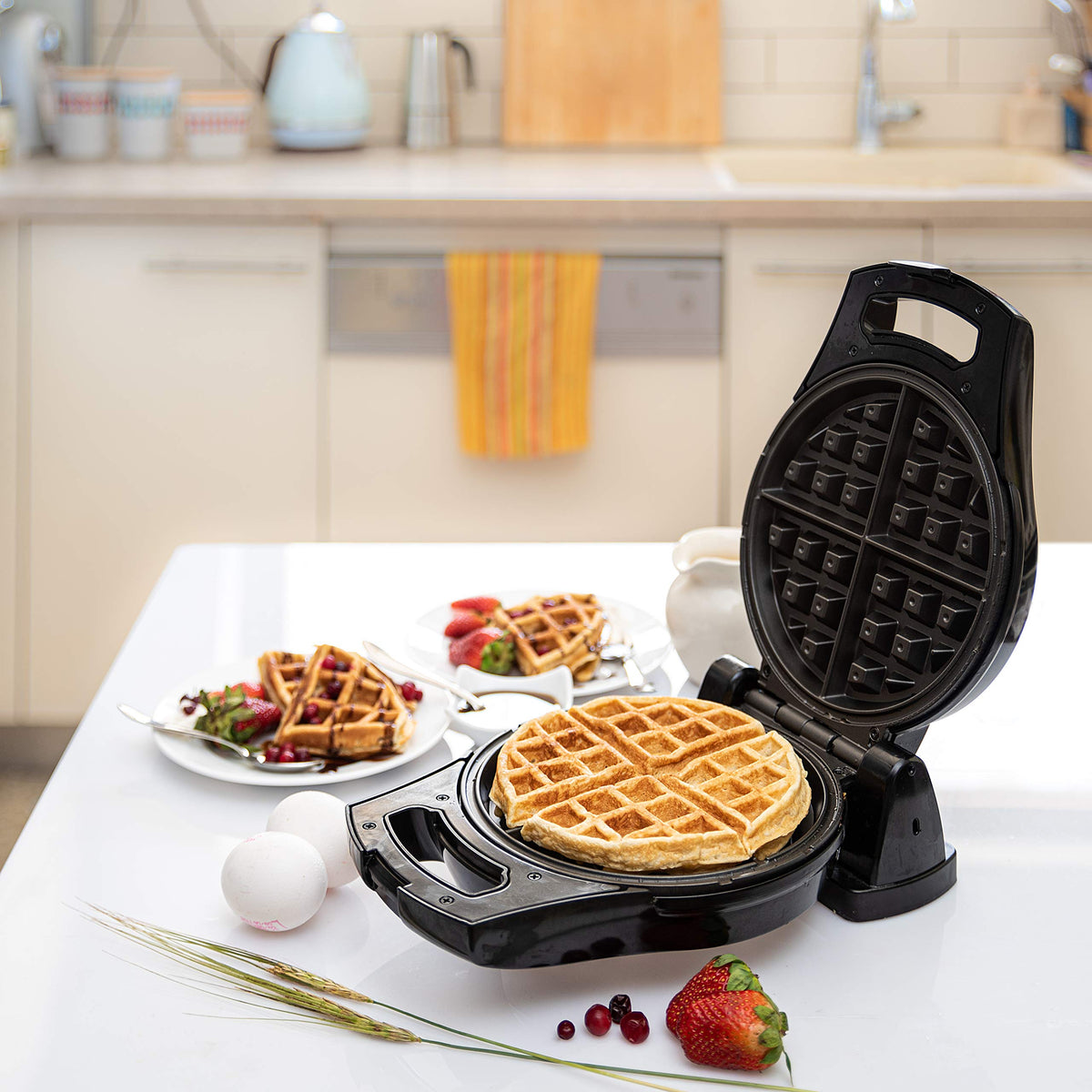 Moss & Stone waffle maker stored upright to save counter space.